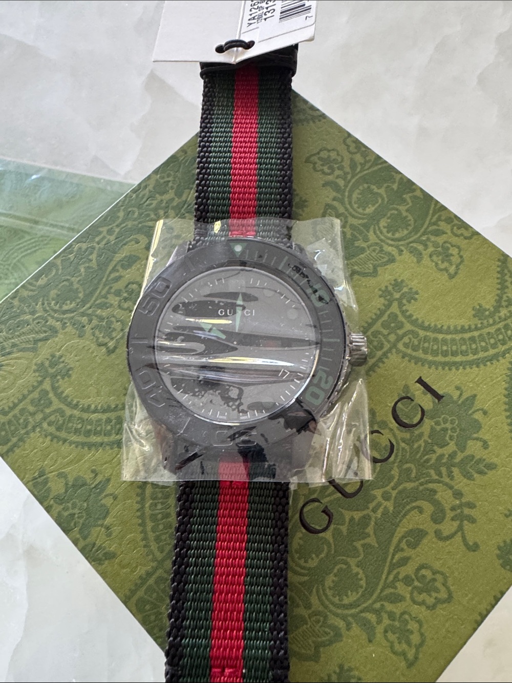 NIB Gucci Black Dial Watch with Green and Red Stripe Nylon Strap